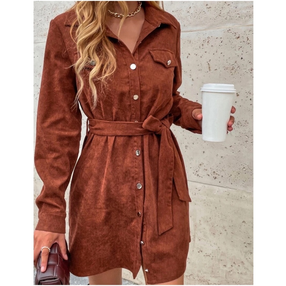 Corduroy Button Down Belted Long Sleeve Shirt Dress - Picture 9 of 11